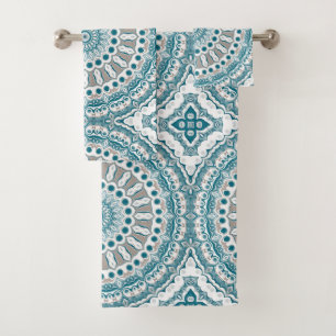 Aqua and Tan Modern Mandala Pattern Bath Towel Set