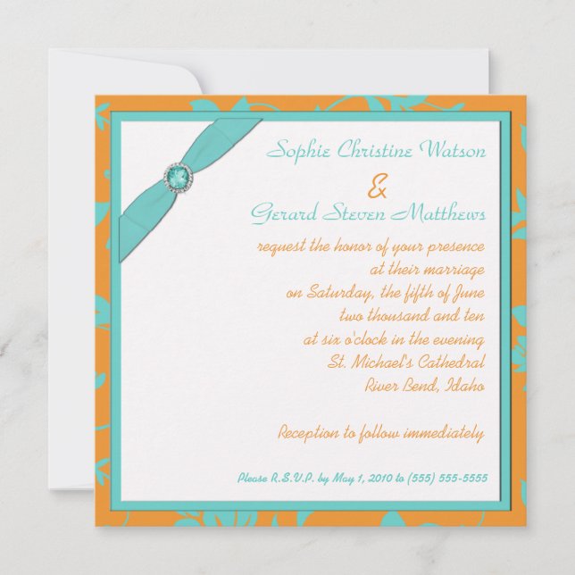 Aqua and Tangerine Square Monogrammed Invitation (Front)