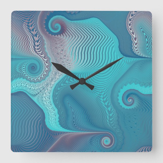 Aqua and Taupe Oceanic Swirls Square Wall Clock (Front)