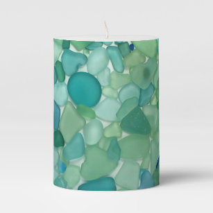Aqua and Teal Sea Glass Pillar Candle