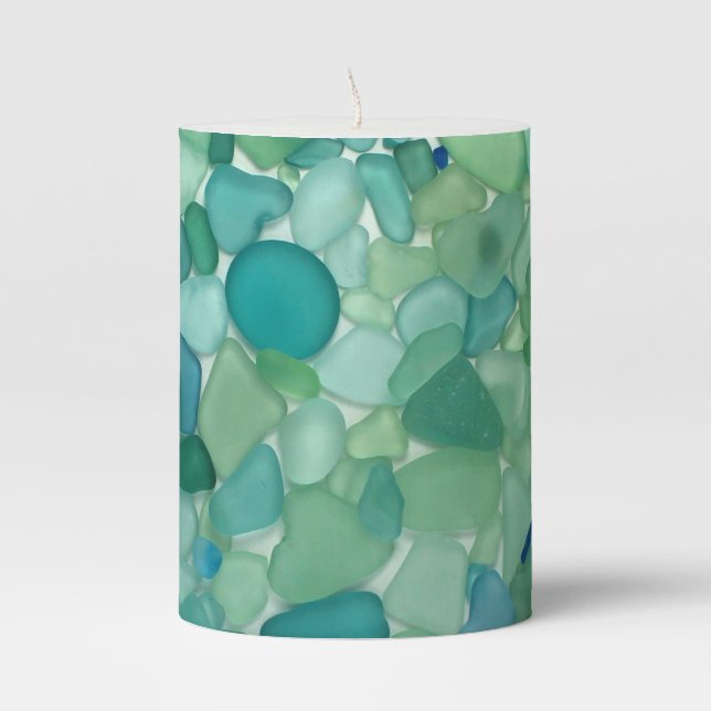 Aqua and Teal Sea Glass Pillar Candle (Front)