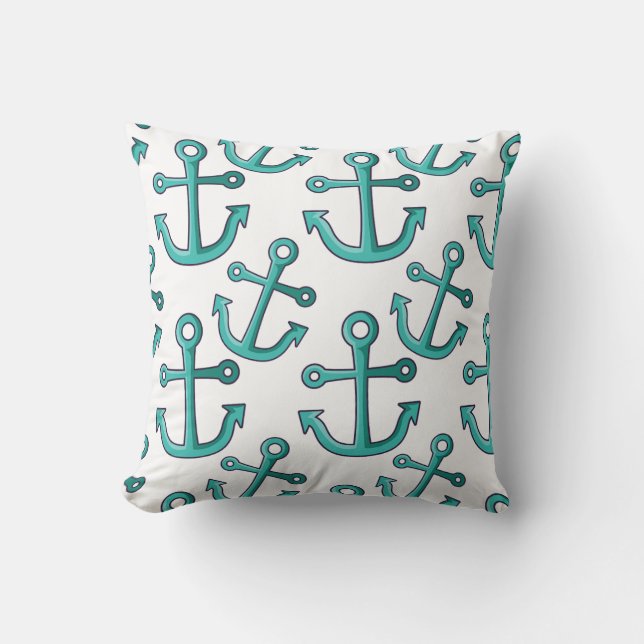 Aqua and White Anchors Nautical Throw Pillow (Front)