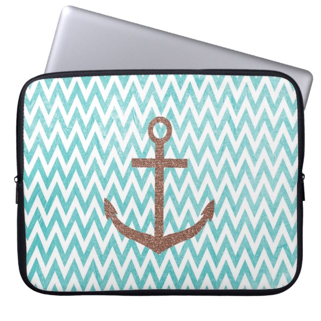 Aqua and White Chevron Glitter Anchor Laptop Sleeve (Front)