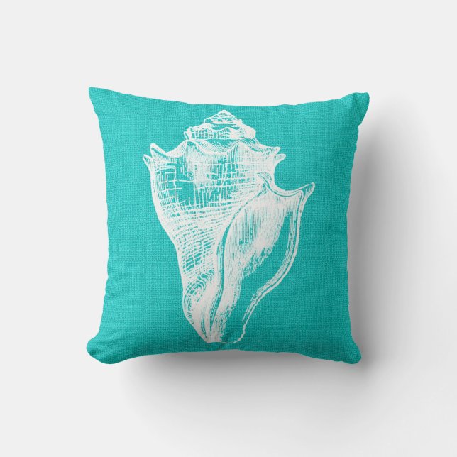 Aqua and White Crown Conch Shell Burlap Look Throw Pillow (Front)