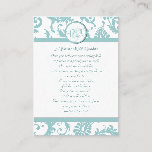 Aqua and White Damask Aqua Trim Wishing Well Enclosure Card (Front)