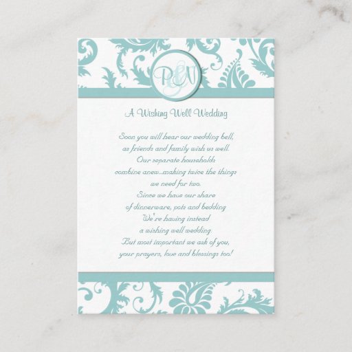 Customizable Aqua and White Damask Aqua Trim Wishing Well Business Card Templates