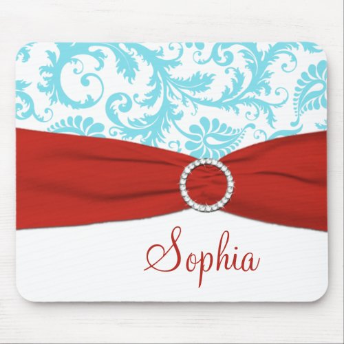 Aqua and White Damask Faux Red Ribbon Mousepad