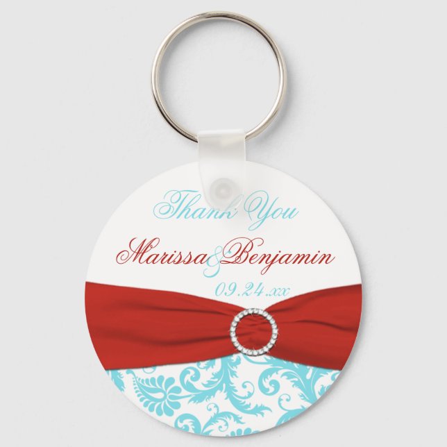 Aqua and White Damask with Red PRINTED Ribbon Keychain (Front)