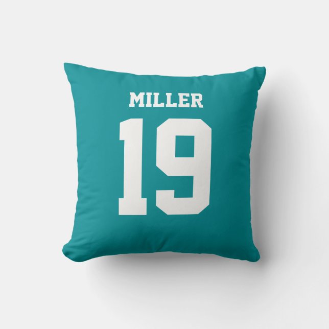 Aqua and White Double-Sided Sports Jersey Throw Pillow (Front)