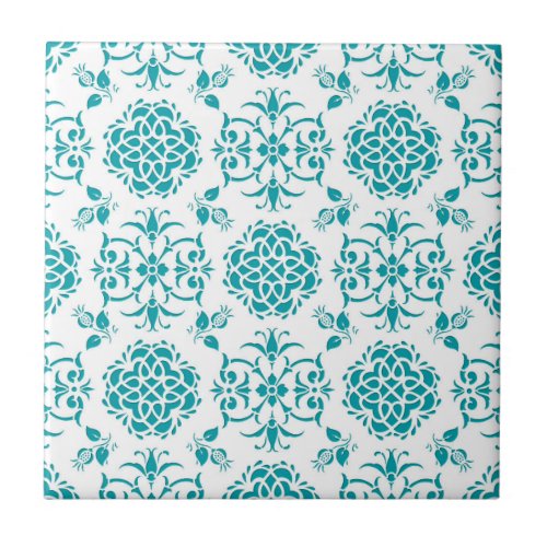 Aqua and White Floral Damask Pattern Tile