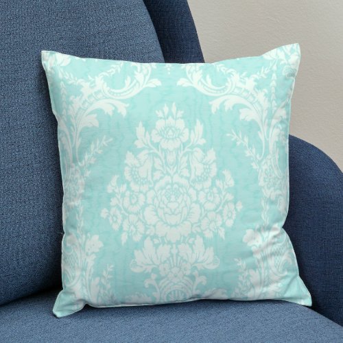 Aqua and white floral damask throw pillow