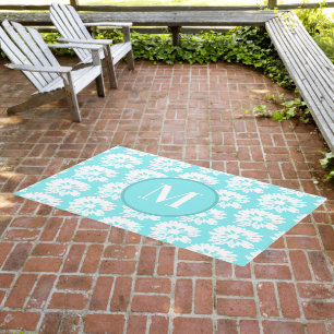Aqua and White Floral Outdoor Area Rug