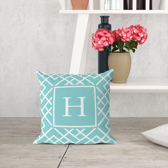 Aqua and White Geometric Bamboo Lattice Monogram Throw Pillow (Creator Uploaded)