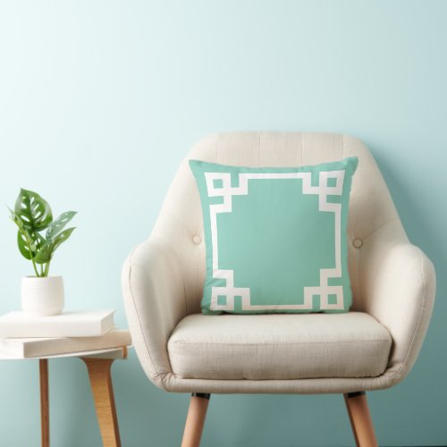 Aqua and White Greek Key Border Throw Pillow