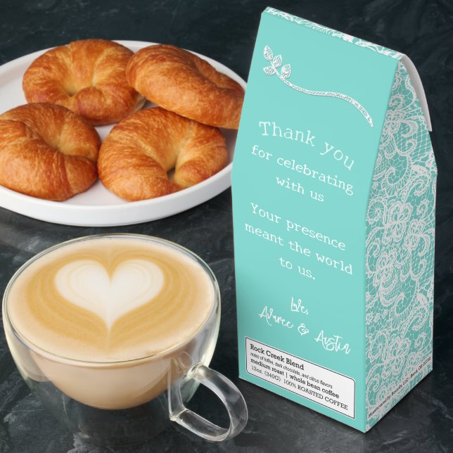 Aqua and White Lace Wedding Thank You  Roasted Coffee (Breakfast)