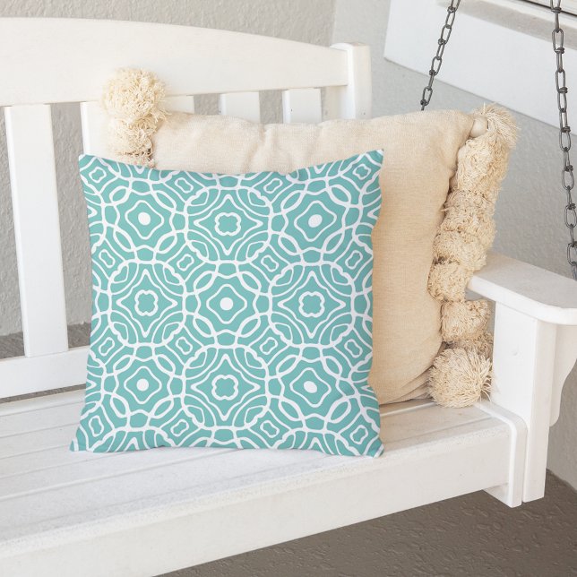 Aqua and White Modern Quatrefoil Pattern Outdoor Throw Pillow (Creator Uploaded)