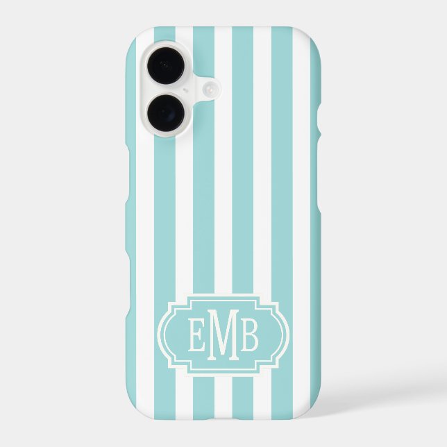 Aqua and White Monogrammed Stripes Case-Mate iPhone Case (Back)