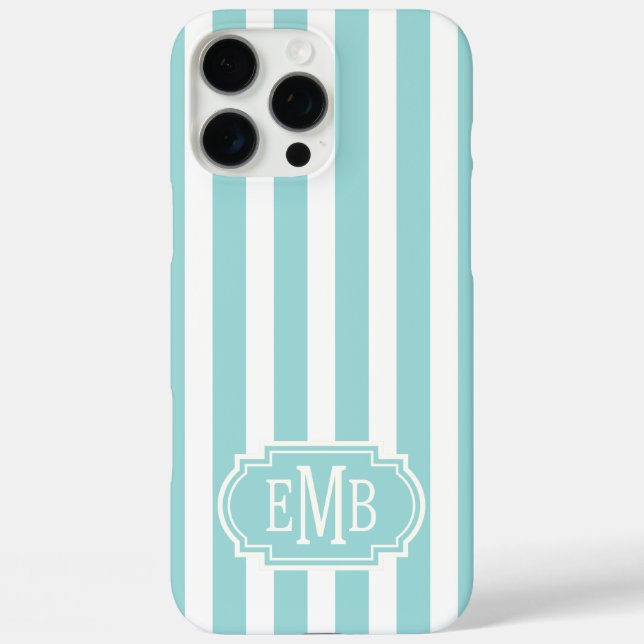 Aqua and White Monogrammed Stripes Case-Mate iPhone Case (Back)