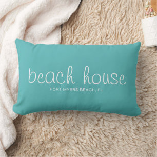 Aqua and White Nautical Beach House Custom Script Lumbar Pillow