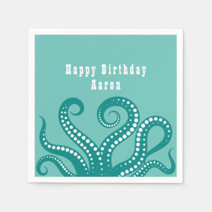 Aqua and White Octopus Tentacles Custom  Napkins