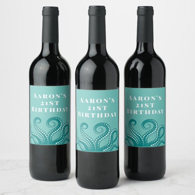 Aqua and White Octopus Tentacles Custom  Wine Label (Bottles)