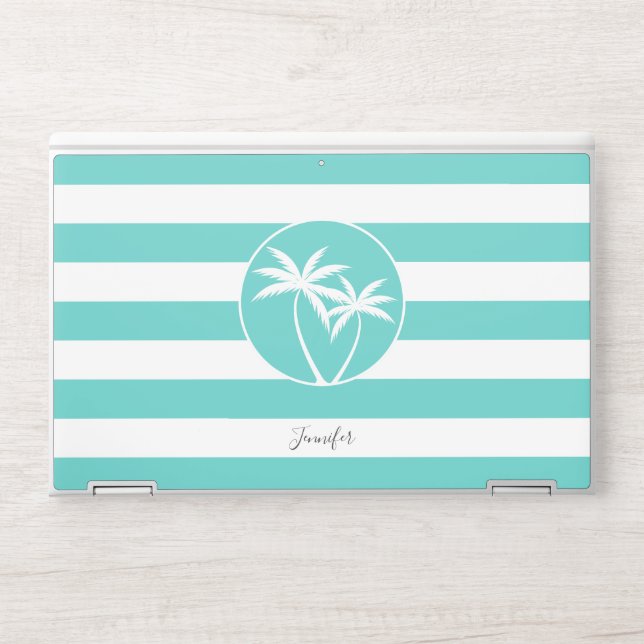 Aqua and White Palm Logo Stripes with Your Name HP Laptop Skin (Front)