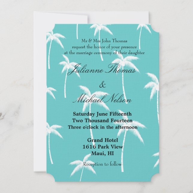 Aqua and White Palm Trees Wedding Invitation (Front)