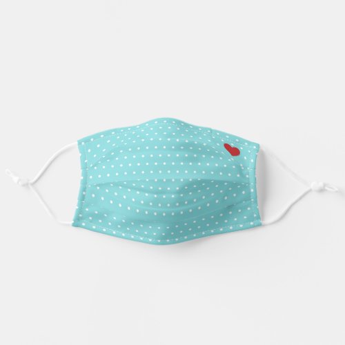 Aqua and White Polka Dot with Red Heart Pattern Adult Cloth Face Mask