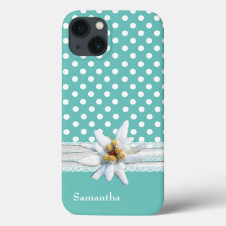 Aqua and White Polka Dots and Edelweiss iPhone 13 Case