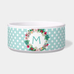 Aqua and White Polka Dots with Monogram Pet Bowl<br><div class="desc">White ceramic dog food / water bowl done in aqua with white polka dots.  A pretty round floral wreath has a blue one letter monogram ready to personalize,  for your pet or as a great gift idea for any pet owner.</div>