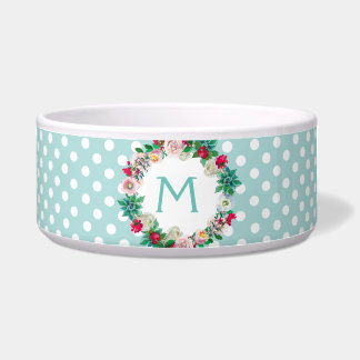 Aqua and White Polka Dots with Monogram Pet Bowl