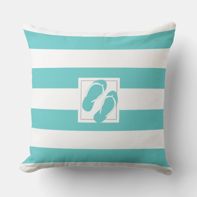 Aqua and White Pool side Stripe with Flipflops Throw Pillow (Front)