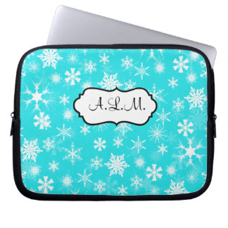 Aqua and White Snowflakes Laptop Sleeve