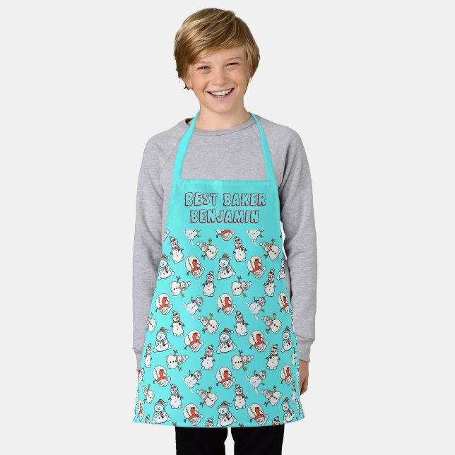 Aqua And White Snowman Pattern Kids Name Apron (Worn)