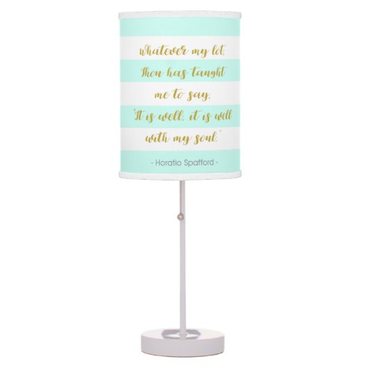 Aqua and White Striped "It is Well With My Soul" Table Lamp (Front)