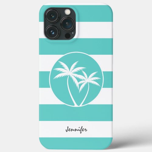 Aqua and White Stripes and Palm Trees with Name iPhone 13 Pro Max Case