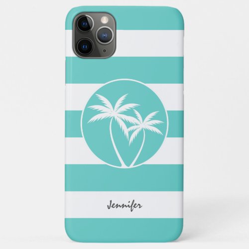 Aqua and White Stripes and Palm Trees with Name iPhone 11 Pro Max Case
