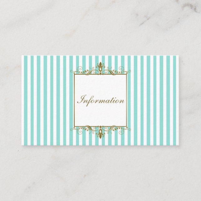 Aqua and White Stripes with Gold Scrolls Info Card (Front)