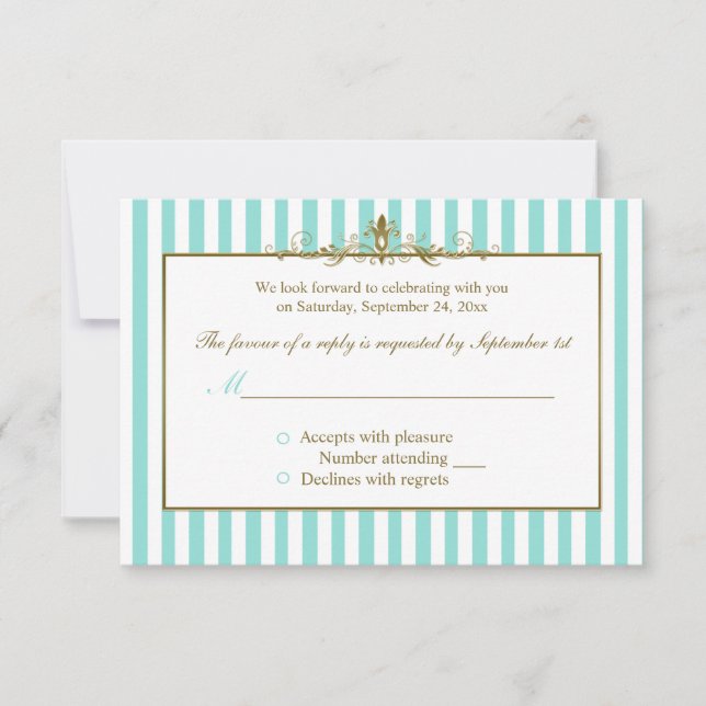 Aqua and White Stripes with Gold Scrolls RSVP Card (Front)