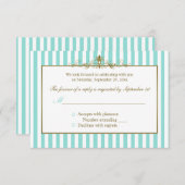 Aqua and White Stripes with Gold Scrolls RSVP Card (Front/Back)