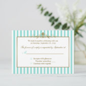 Aqua and White Stripes with Gold Scrolls RSVP Card (Standing Front)
