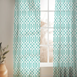 Aqua and White Trellis Pattern Sheer Curtains