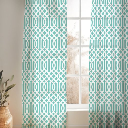 Aqua and White Trellis Pattern Sheer Curtains