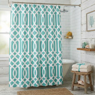 Aqua and White Trellis Pattern Shower Curtain