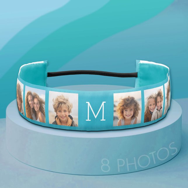 Aqua and White Trendy 8 Photo Collage - Monogram Athletic Headband (Custom Photo Headband)