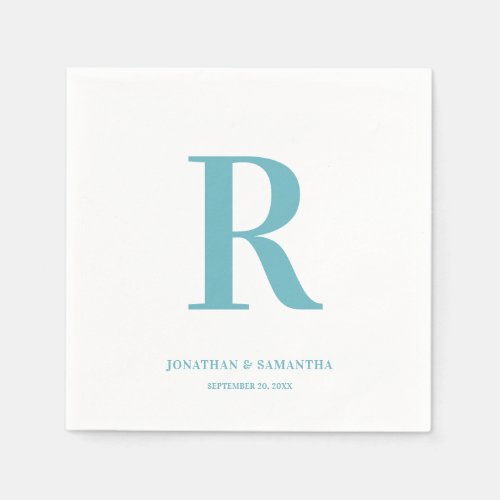 Aqua and White Wedding Monogram Modern Napkins