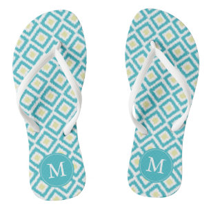 Aqua and Yellow Diamonds Ikat Pattern Personalized Flip Flops