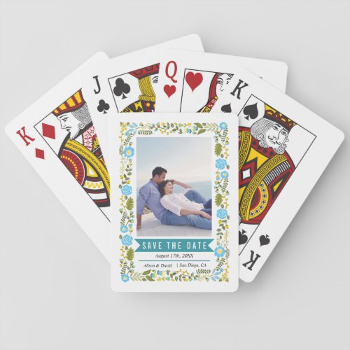 Aqua and yellow floral border wedding photo poker cards