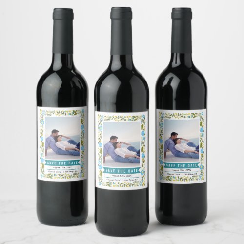 Aqua and yellow floral border wedding photo wine label