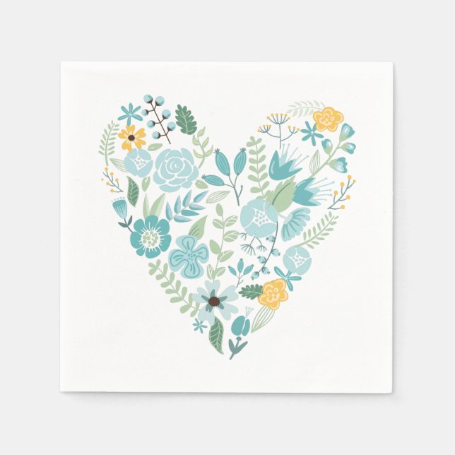 Aqua and Yellow Floral Heart Napkins (Front)